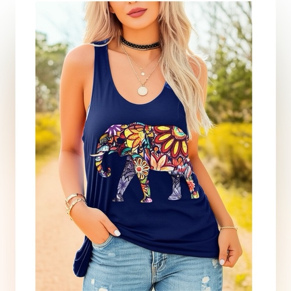 LA SOUL Navy Floral Peaceful Elephant Graphic Tank Top Lightweight Summer Shirt - Picture 11 of 11